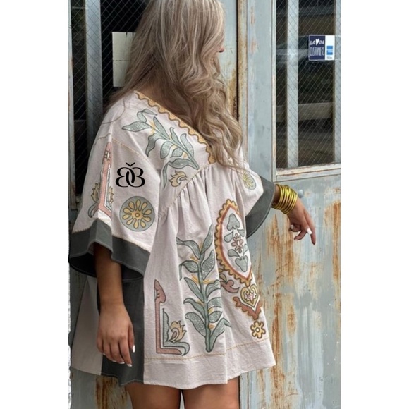 Beige & Green Boho Embroidered V Neck 3/4 Sleeve Babydoll Mini Dress - Picture 4 of 16